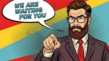Stylish bearded businessman in vintage pop art comic pointing index finger forward for recruitment promotion banner vector illustration with retro aesthetic advertisement look