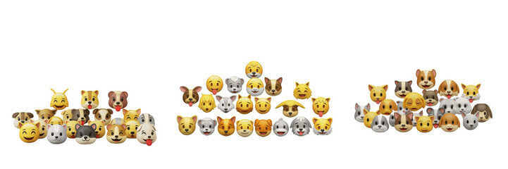 Large Collection of 3D Cute Animal and Pet Emojis - Set of Dog, Cat, and Rabbit Face Icons Isolated on White Background