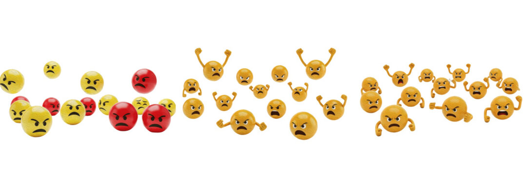 Large Collection of 3D Angry and Mad Emoji Faces - Red and Yellow Furious Emoticons Set Isolated on White Background