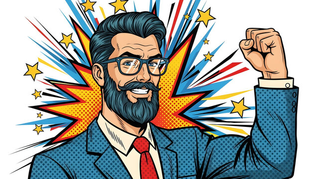 Retro pop art vector illustration of a strong hipster male businessman with a stylish beard and eyewear, featuring vintage comic graphic for professional corporate branding.