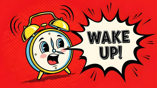 Vibrant pop art illustration featuring a vintage comic alarm clock ringing loudly with a dynamic speech bubble containing wake up text on a bright dotted halftone background vector.