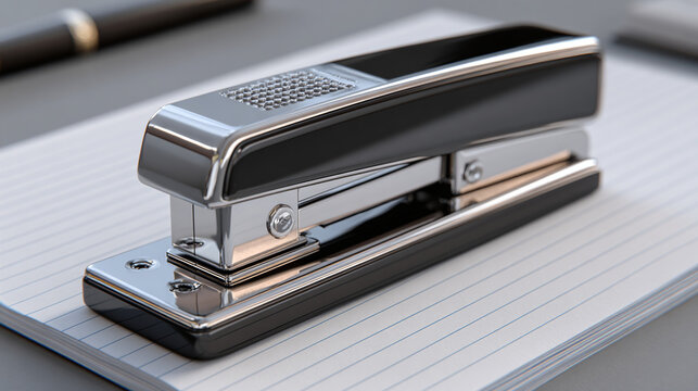 Close-up shot of a sleek, black stapler resting on a notepad and a pen in the corner