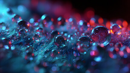 Macro droplet neon crystal plasma bokeh fiber abstract background, luminous water beads on textured surface, vibrant blue red glow, dreamy focus