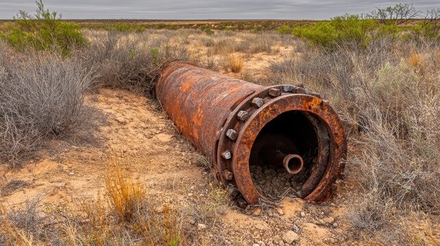 An abandoned rusty metal well casing with fittings lying in a dry outdoor landscape with scrub brush and dirt