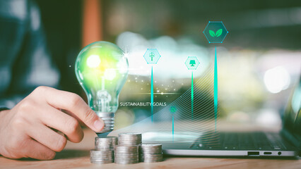 Financial advisor developing green investment strategy using sustainable energy concept and digital growth indicators. Concept of ESG finance, renewable power funding, climate responsibility