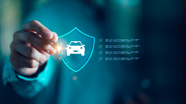Financial advisor reviewing car insurance checklist through virtual interface, symbolizing risk assessment, compliance, modern automotive insurance service ,customer trust ,financial security