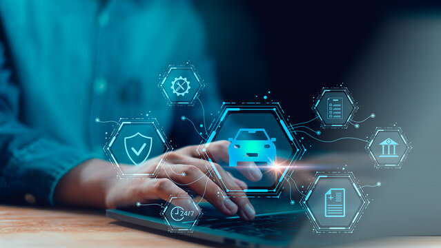 Insurance agent working on laptop using digital car insurance interface, managing vehicle protection, online policy, claim service, financial security, fintech system, customer support technology