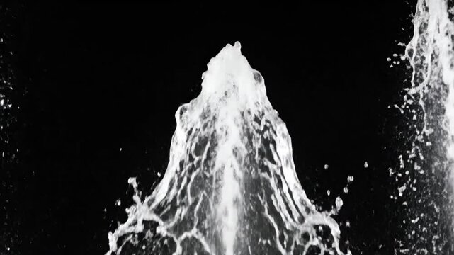 Water fountain spouting upwards with droplets suspended in air against a black background.