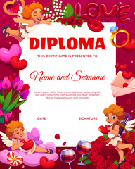 Naklejka premium Valentine Day diploma vector template. Romantic love holiday award certificate in Valentines Day gifts background frame. Cartoon hearts, Cupids characters, rose flowers and balloons vertical diploma