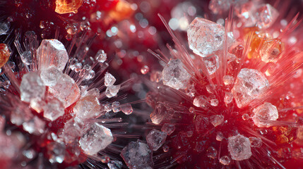 Macro crystal cluster mineral texture abstract red pink background, ultra detailed sparkling shard with bokeh light, spa decor concept