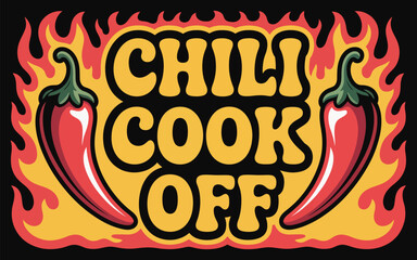 Fiery Chili Cook-Off Banner, vector illustration featuring flaming chili peppers, molten lava effects, bold colors, ideal for food event, poster, and marketing design.