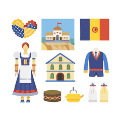 Flat vector set of cultural symbols of Romania. Food, historic architecture, ribbon in color of Romanian tricolor, traditional embroidery and costumes
