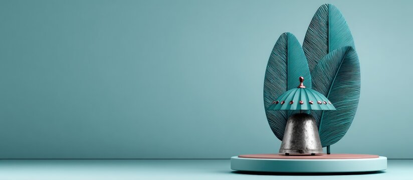 Festive miniature umbrella bell with teal leaves and metallic base in clay style