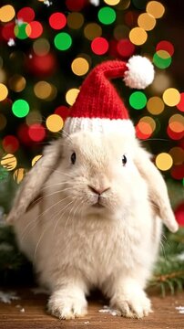 A charming, fluffy domestic rabbit, adorned with a festive red and white winter hat featuring a soft pompom, sits serenely on a rustic wooden surface. The background is a magical blur of vibrant, colo