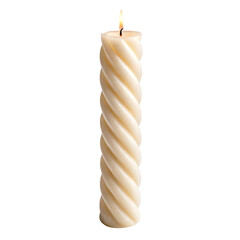 Twisted white candle with flame burning on top, isolated on white background