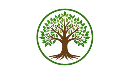 Obraz premium A tree with brown trunk and green leaves in a green circle