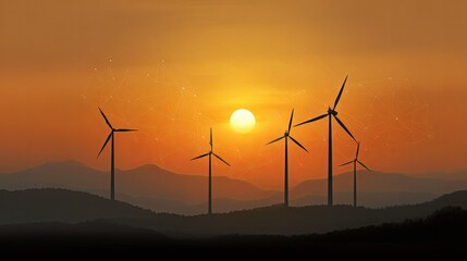 Obraz premium Sunset Over Wind Turbines Silhouetted Against Orange Sky with Mountains in Background and Soft Light Creating a Serene Atmosphere in Nature's Beauty