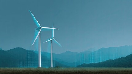 Wind turbines on green field with mountainous backdrop, digital elements overlay in modern design, renewable energy concept for sustainable future