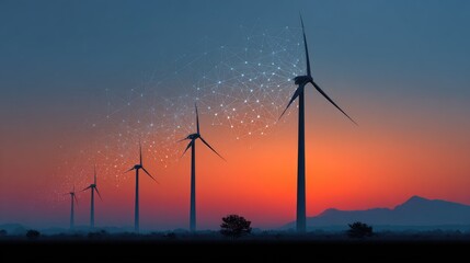Fototapeta premium Stunning Sunset Over Wind Turbines with Digital Network Representation Enhancing Renewable Energy Landscape