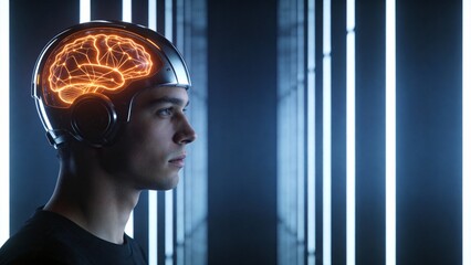 Man wearing futuristic brain scanning helmet