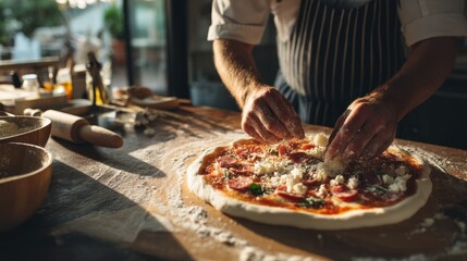 Chef preparing a delicious pizza with fresh ingredients on a wooden table.