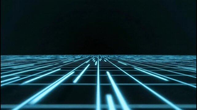 Futuristic digital grid landscape with glowing blue lines receding into darkness under a starry black sky representing virtual reality and cyberspace exploration with a sense of infinite digital