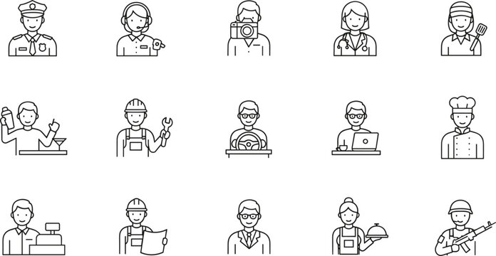 Professional occupation avatar outline icon set including police doctor worker chef and service jobs isolated on white background vector illustration