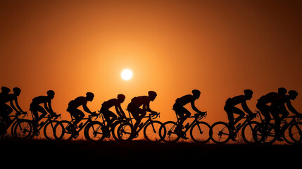 Obraz premium Tour Down Under, Silhouetted cyclists racing at sunset during Tour Down Under professional road cycling event