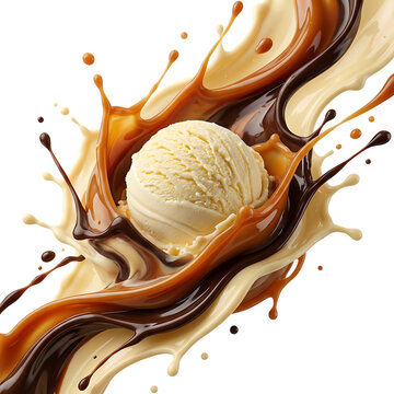 Ice cream scoop with chocolate caramel and butterscotch sauce splashes transparent background