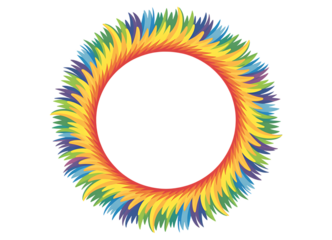 Colorful feathered circular frame with rainbow hues transparent background