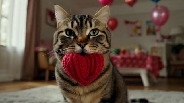 A brown tabby cat holding a red heart in a living room with Valentine's Day decorations