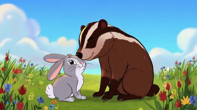 A cartoon badger gently touching noses with a rabbit in a colorful floral field on a sunny day with a blue sky