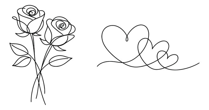 Continuous line art floral and heart symbol set featuring two roses and three intertwined hearts for romantic designs and decorative elements
