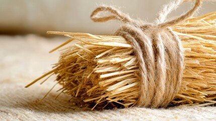 A close up of a bundle of stiff brittle hay tied with twine its golden color faded to a muted tone