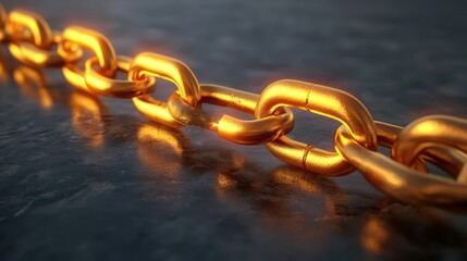 A close up of a connected gold chain with interlocking links on a dark textured surface