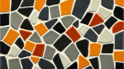 A colorful abstract mosaic tile pattern with irregular geometric shapes in orange black grey and white