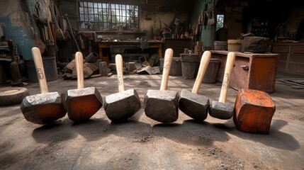 A collection of sturdy wooden handled hammers arranged on a dusty workshop floor