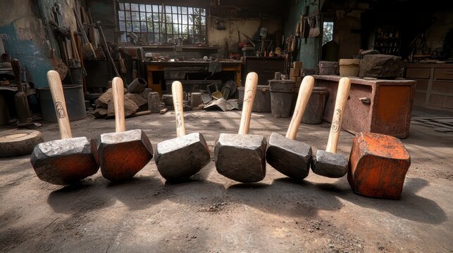 A collection of sturdy wooden handled hammers arranged on a dusty workshop floor - Powered by Adobe