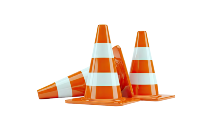 Orange and white traffic cones on a white background
