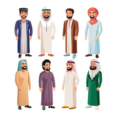 Muslim men. Modern arabic male characters wearing traditional arab clothes and stylish casual outfits, portraits of islamic people. Vector cartoon set