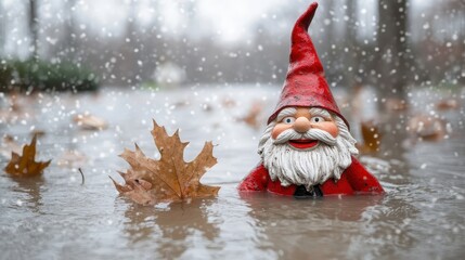 A garden gnome with a painted smile is submerged in water near a fallen oak leaf while snow falls gently creating a whimsical scene