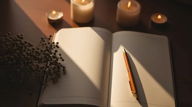 Cinematic poetic video of an open notebook and pen illuminated by warm window light, creating a romantic and emotional atmosphere