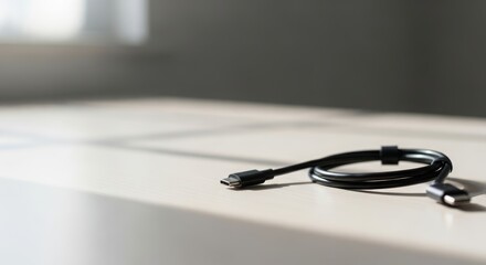 Charging cable lying unused on a clean desk. Concept of digital pause, screen break, reduced dependency, and mindful tech habits with large negative space