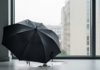 Wet umbrella opened near a window to dry. Concept of small daily rituals, rainy day life, care, and simple routines with strong negative space