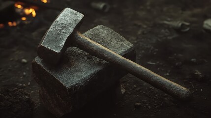 A heavy iron forge hammer rests on a cold anvil in a dark workshop