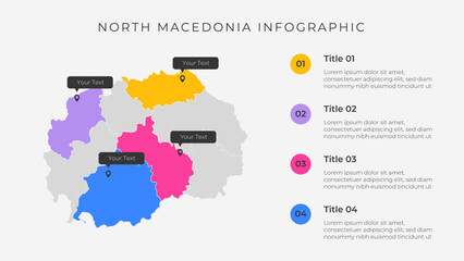 North Macedonia map infographic template with 4 options. North Macedonia political map infographic for presentation.