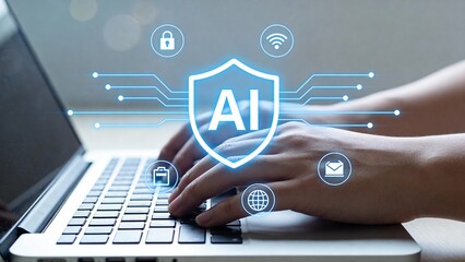 Hands typing on laptop with AI security icons