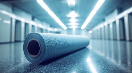 A large sterile industrial roll of blue fabric material is presented in a clean bright hallway with overhead lighting