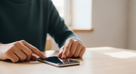 Person slowly placing smartphone on table to take a break from screens. Concept of digital detox, mindful living, reduced screen time, and healthy tech habits with clean copy space