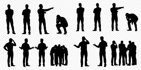 Collection of various male silhouettes in different poses and actions, depicting standing, pointing, thinking, and group interactions. © Adji